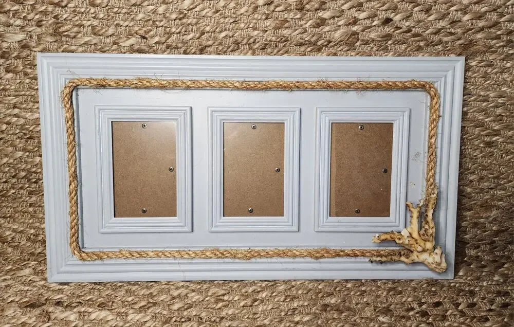 Blue Wood 13X23.5" Nautical Rope Picture Frame Beach House Decor 3- 4X6" Photos - Picture 1 of 6